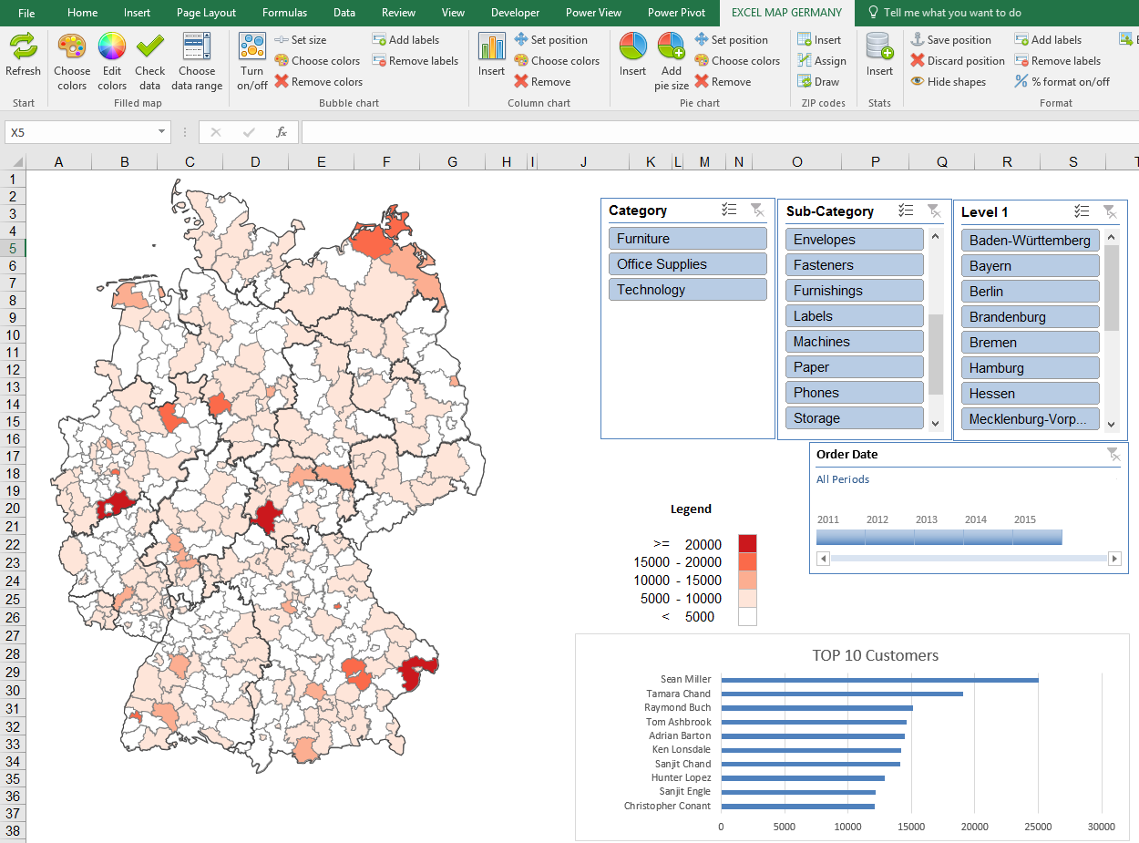 Dashboards mit Excel-Karte mit Pivot-Tabelle und Datenschnitt (Slicer